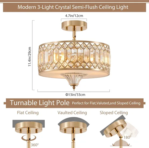 Miniatura 3 de Gold Crystal Ceiling Light Fixture for Hallway Foyer Bedroom Kitchen Island, 13" Modern Drum Round Close to Ceiling Light Fixture, 3-Light, Brushed