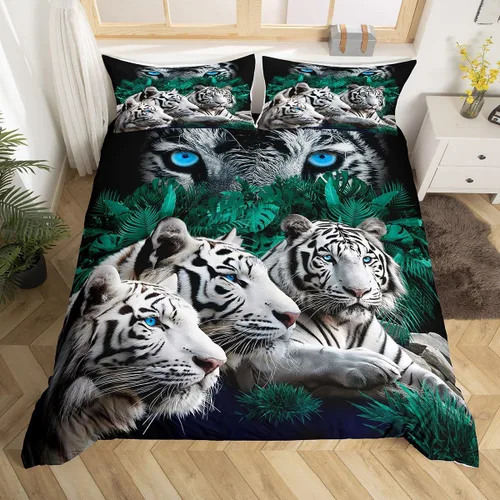 Feelyou Juego de funda de edredón de tigre, diseño de animales salvajes, para niños y adultos, juego de funda de edredón de gatos safari, suave,