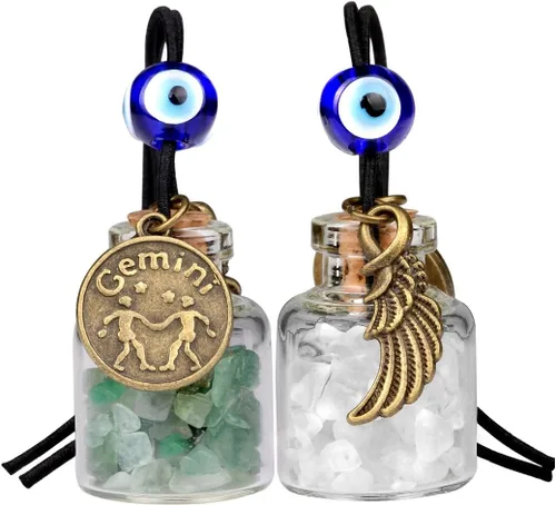 Miniatura 10 de Zodiac Birthstone Car Charms for Rearview Mirror Hanging - Two Gemstone Good Luck Bottles with Evil Eye Protection Bead and Guardian Angel Wing