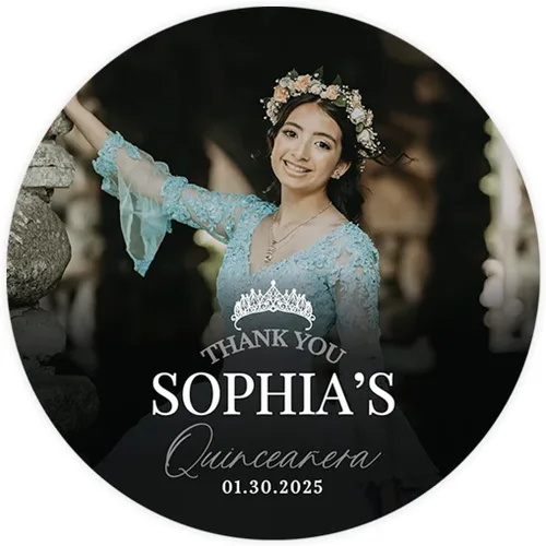 Miniatura 19 de Andaz Press Paquete de 40 etiquetas redondas personalizadas de 2" para quinceañera, etiquetas adhesivas Mis Quince con foto personalizada para Mis
