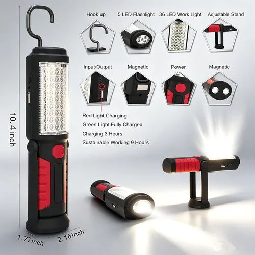Miniatura 2 de Luz de trabajo recargable, linterna magnética LED portátil multiusos con gancho para colgar, linterna de trabajo impermeable para reparación de Rojo