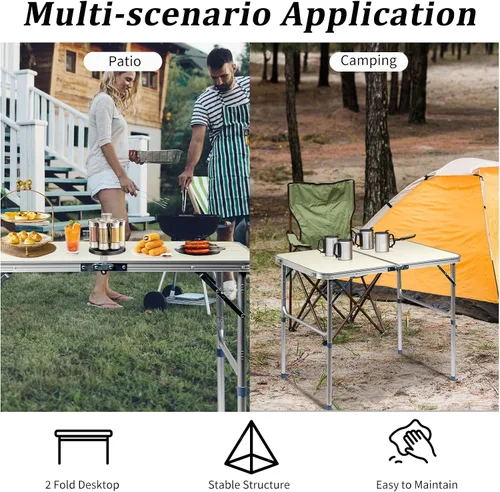 Miniatura 5 de Mesa plegable de aluminio, mesa de campamento multiusos para picnic, mesa rectangular portátil y ajustable, color blanco