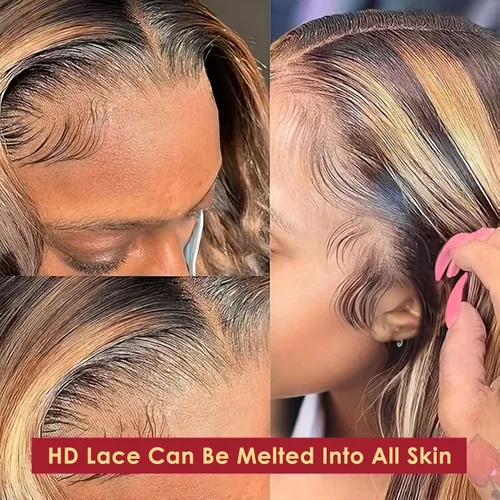 Miniatura 3 de Beluck Pelucas de cabello humano rubio miel ondulado de 13 x 6 pulgadas, densidad 210, ombré, HD, encaje frontal, pelucas de cabello humano
