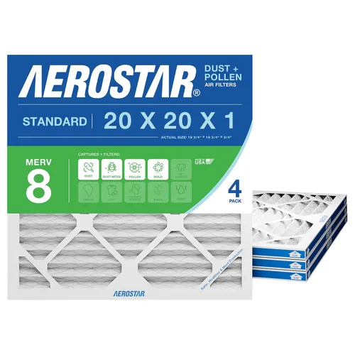 Aerostar Filtro de aire MERV 8 de 20 x 20 x 1, 4 unidades, tamaño real (19.75 x 19.75 x 0.75), HVAC, aire acondicionado y filtro de horno que