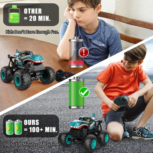 Miniatura 7 de Gohero Juguetes de Camiones Monstruo, Camiones Monstruo de Control Remoto 2.4Ghz para Niños de 4-7 años, Juguetes de Dinosaurio 1:20 con Luz