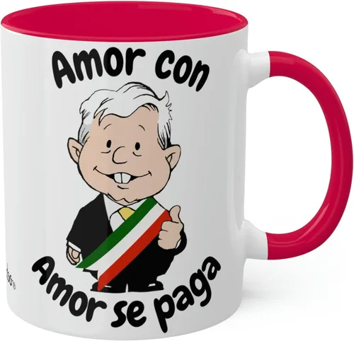 AMLO - Taza de café Amor Con Amor Se Paga Obrador, divertida caricatura Muñeco AMLITO, taza de cerámica blanca brillante con colores vibrantes en el