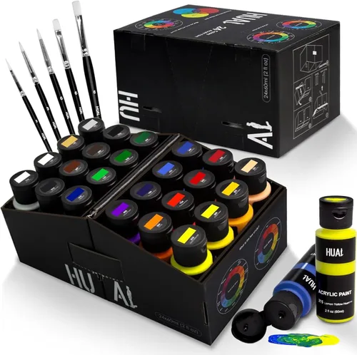 HUAL Juego de pintura acrílica con 5 pinceles, 24 colores (2.0 fl oz, 2 onzas) para artistas, niños, principiantes y pintores,