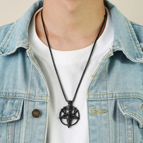 Miniatura 4 de TempBeau Collar con colgante de pentagrama satánico baphomet Hecho a mano cadena de eslabones de pentáculo boca abajo iglesia satanista punk gótico