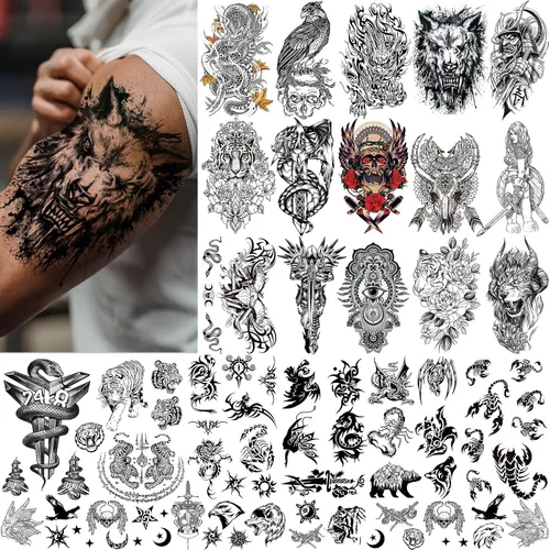 Aresvns Calcomanías de tatuaje temporales realistas, 16 hojas de tatuajes falsos para hombres o mujeres con 8 hojas de tatuajes negros pequeños para