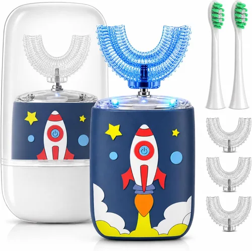 Miniatura 10 de Cepillo de dientes eléctrico en forma de U para niños pequeños con 5 cabezales de cepillo, diseño de unicornio de dibujos animados, limpieza de boca