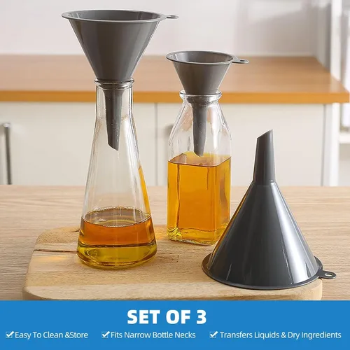 Miniatura 4 de Juego de 3 embudos de cocina de plástico, embudos de cocina redondos para llenar botellas, embudos duraderos y multifuncionales para llenar Gris