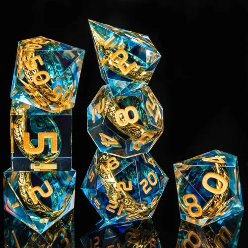 Miniatura 2 de OUKELANWO Magic Lord Rings - Juego de dados DND con caja, 7 piezas de dados LOTR D&D de resina para juegos de rol, dados azul dorado de Dungeons