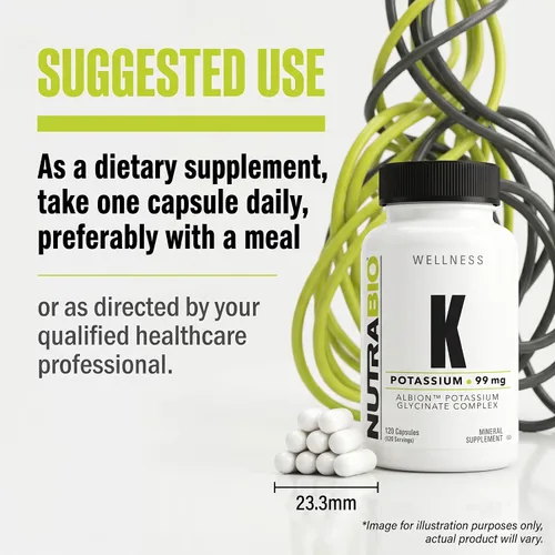 Miniatura 3 de NutraBio Complejo de potasio, suplemento de potasio para un corazón, huesos, músculos y digestión saludables, 99 mg - 120 cápsulas vegetales