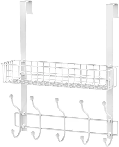 Miniatura 11 de Perchero, colgador sobre la puerta con cesta de malla, estante de almacenamiento desmontable para toallas, sombreros, bolsos, abrigos (negro)