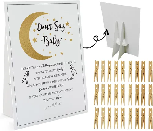 Twinkle Little Star Don't Say Baby Game (1 letrero y 50 mini pinzas naturales para la ropa), juego Don't Say Baby Shower, decoraciones para baby