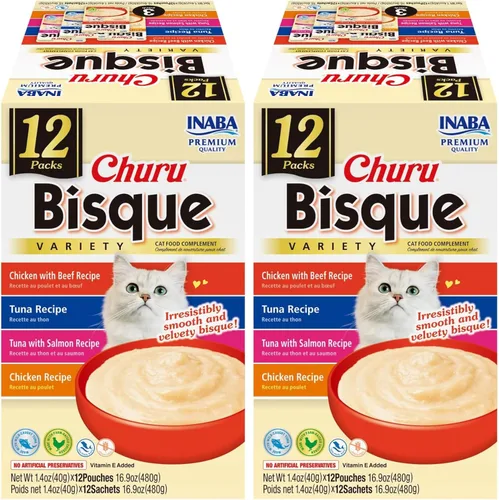 Miniatura 20 de INABA Churu Bisque para gatos, plato de puré cremoso para lamer con vitamina E, 1.4 onzas por bolsa, 12 bolsas, receta de pollo