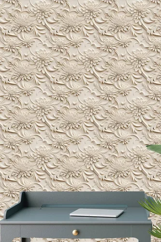 Miniatura 6 de Papel tapiz floral 3D para despegar y pegar, efecto visual 3D, 17.7"x78.7" pulgadas, autoadhesivo, extraíble, flor marrón amarillento, papel tapiz