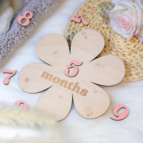 Miniatura 3 de Tarjetas de hitos mensuales para bebés - Discos de hitos mensuales de madera - Accesorios para fotografía de recién nacidos para documentar el Flor