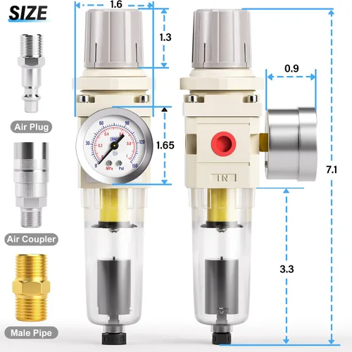 Miniatura 2 de TAILONZ PNEUMATIC Regulador de presión de filtro de aire de drenaje automático NPT de 1/4 de pulgada Combo Piggyback, filtro compresor
