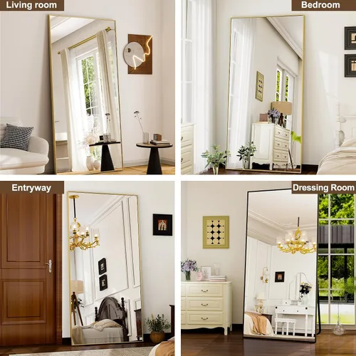 Miniatura 6 de GLSLAND Espejo de cuerpo completo de 64 x 21 pulgadas, espejo rectangular independiente, para colgar o inclinar, de aleación de aluminio, para Negro
