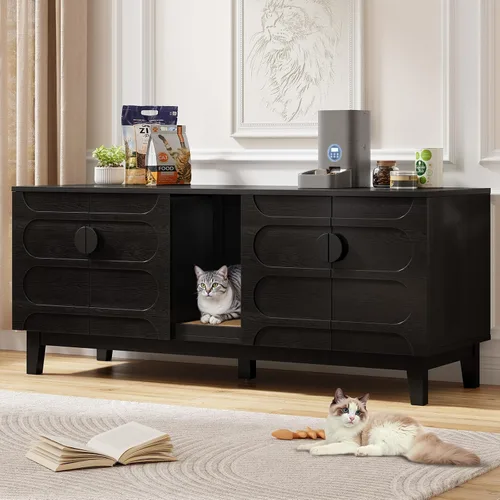 ONBRILL Caja de arena para gatos de 59 pulgadas para 2 gatos, cajas de arena ocultas con almohadilla para arañazos para gatos, casa moderna y grande