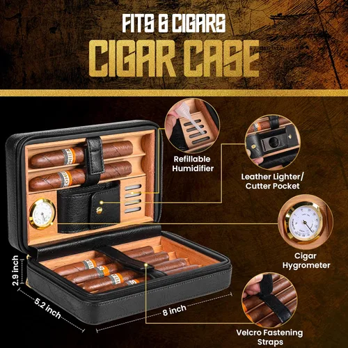 Miniatura 3 de Estuche para humidor de cigarros de viaje, con capacidad para 6 puros, caja portátil de cuero y cedro español con higrómetro y humidificador