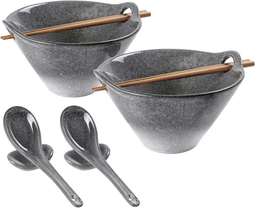 UNICASA Juego de 2 cuencos japoneses para ramen con palillos, cucharas y reposos, 26 onzas, para fideos de porcelana profunda, Udon, Pho, ensalada,