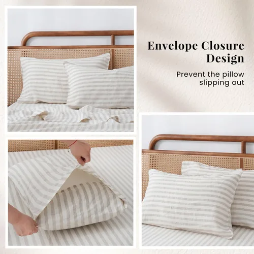 Miniatura 4 de S VICTORY SYMBOL - Juego de funda de edredón de lino orgánico 100%, rayado beige clásico teñido en masa, juego de ropa de cama de lino natural Rayas