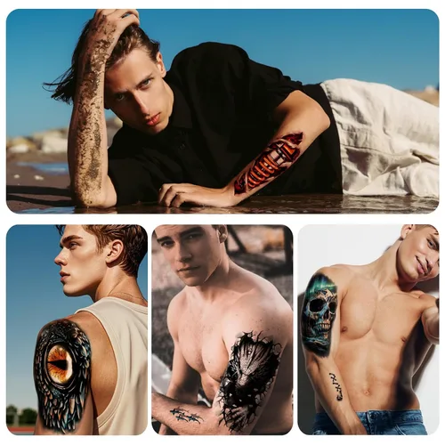 Miniatura 4 de 77 hojas de tatuajes temporales 3D para hombres y mujeres, diseño de león, tigre, dragón, araña, escorpión, serpiente, medusa, rosa, para cuello