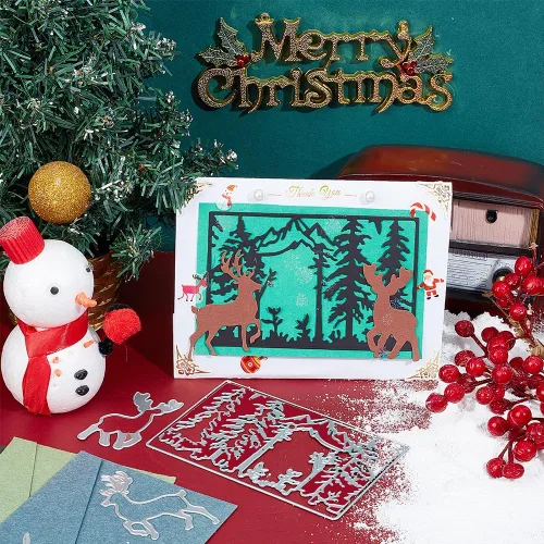 Miniatura 9 de INFUNLY Sellos y troqueles de bosque navideño para hacer tarjetas, sellos y troqueles de ciervo de Navidad, plantillas de ciervo para hacer
