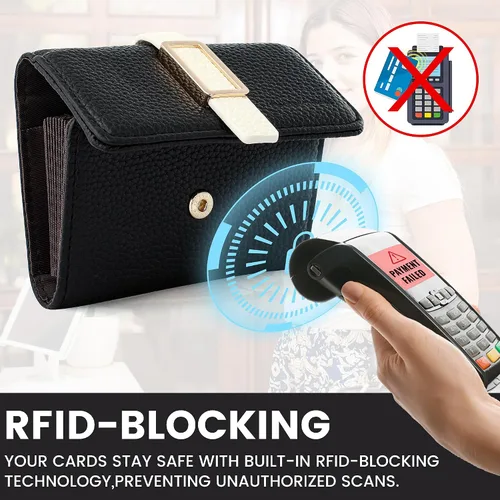 Miniatura 5 de Pomelo Best Cartera RFID para mujer, pequeña funda de cuero con cremallera y 11 ranuras para tarjetas, Negro, Classic