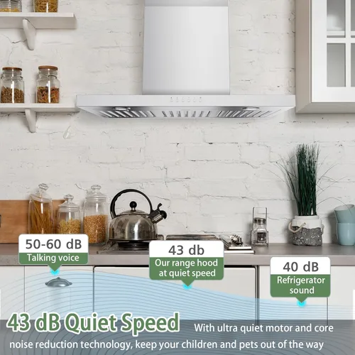 Miniatura 6 de ONEEON Campana Extractora de 30 Pulgadas - 900 CFM de Acero Inoxidable de Montaje en Pared para Cocina con Ventilador de 4 Velocidades, Luces LED