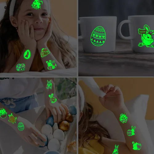 Miniatura 4 de CHARLENT Tatuajes temporales de Pascua que brillan en la oscuridad para niños, rellenos de cesta de Pascua, 74 hojas individuales, tatuajes