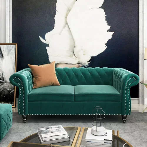 Miniatura 29 de ORRD - Sofá Chesterfield de Terciopelo, Sofá Moderno de Terciopelo con 3 Asientos con Brazos Enrollados y Clavos para Sala de Estar, Dormitorio