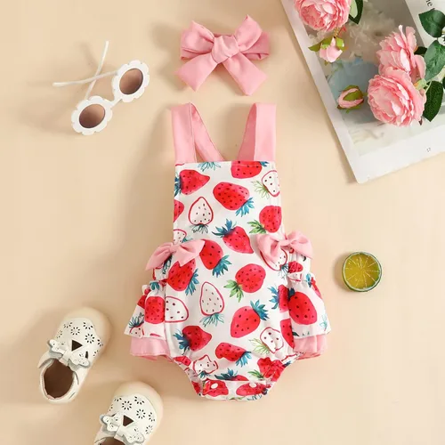 Miniatura 2 de LBDFBJY Mameluco sin mangas para bebé y niña, sin espalda, estampado de fresa, de verano, de una pieza, con diadema