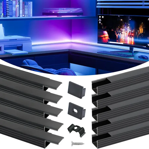 Muzata Paquete de 10 Canales LED de 6.6 pies/2M Tamaño Plus Sin Manchas Canal Difusor de Tira LED Negro con Cubierta Difusora Negra Esmerilada U103