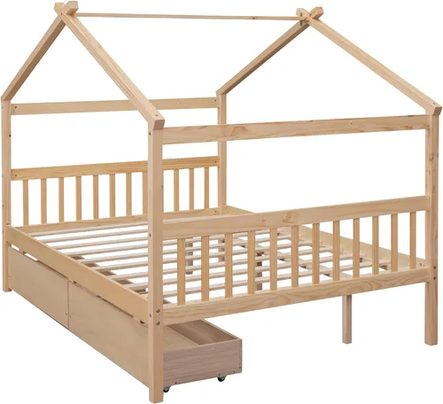 Miniatura 4 de Bellemave Cama de casa de tamaño matrimonial para niños, marco de plataforma Montessori con 2 cajones, cabecera y estribo, almacenamiento de madera