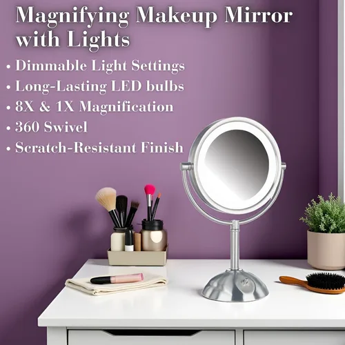 Miniatura 2 de JERDON Espejo de maquillaje de mesa con luces, aumento de 1X/8X, espejo de tocador de níquel de 8.5 pulgadas, modelo HL8808NL