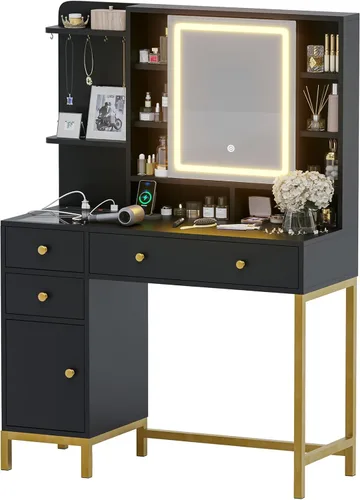 Miniatura 9 de VIAGDO Escritorio de tocador con espejo iluminado que se abre y toma de corriente, mesa de tocador de maquillaje con 3 cajones y 4 estantes