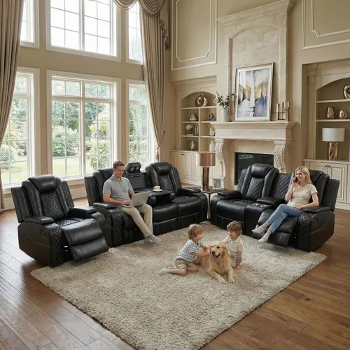 Juego de sofá reclinable eléctrico, juego de sofá reclinable de cuero con luz LED y portavasos, juego de muebles reclinables de cuero eléctrico para