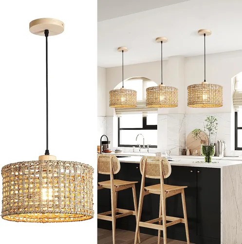 Lámpara colgante de ratán tejida a mano, 11.8 pulgadas, estilo bohemio, 1 luz, de mimbre natural, lámpara colgante de techo de granja, canasta
