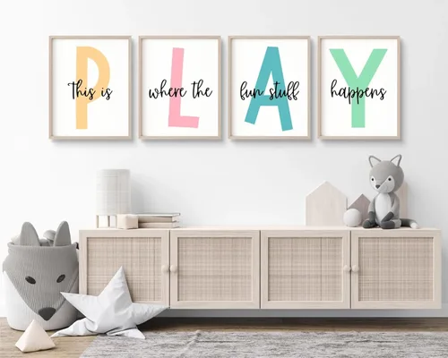 Miniatura 14 de Arte de pared para sala de juegos para niños, decoración de pared para habitación de niños, impresión en lienzo para sala de juegos para bebés