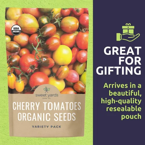 Miniatura 6 de Paquete variado de semillas de tomate cherry orgánico, 5 paquetes individuales, temporada 2026, cebra verde, cereza dulce, chadwick, pera amarilla