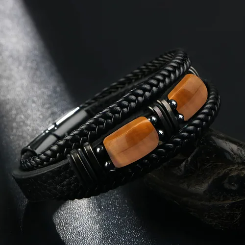 Miniatura 5 de Pulseras de cuero trenzado negro con ojo de tigre para hombre, hijo, nieto, novio, papá, marido, regalos para hombres, Navidad, cumpleaños, día