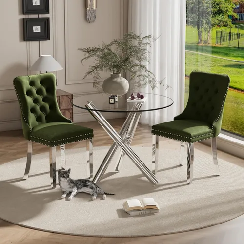 Miniatura 67 de Juego pequeño de mesa redonda con tapa de vidrio transparente para 2, 36'' Juego moderno de lujo para cenas circulares, 3 piezas Juego minimalista
