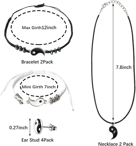 Miniatura 2 de Collares Yin Yang para 2 mejores amigos con pulseras de cordón ajustables a juego y aretes para mejor amiga, amistad, San Valentín, novio, novia