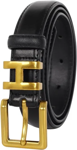 Miniatura 66 de Cinturón de cuero clásico con hebilla de metal para mujer con vestido de jeans