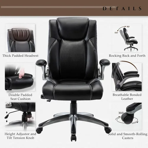 Miniatura 4 de COLAMY Silla Ergonómica de Oficina Ejecutiva con Cuero Sintético Grueso, Reposabrazos Abatibles, Respaldo Alto Ajustable en Altura e Inclinación
