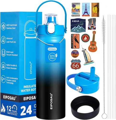 Miniatura 27 de Botella de agua aislada con tapa, bota y calcomanías, botella de acero inoxidable de 24 onzas, sin sudor, mantiene el frío las 24 horas, botella