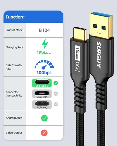 Miniatura 2 de SUNGUY Cable USB C para Android Auto de 10 Gbps, 1.5 pies 3A USB 3.1 Gen 2, carga rápida y transferencia de datos, cable USB C CarPlay, compatible